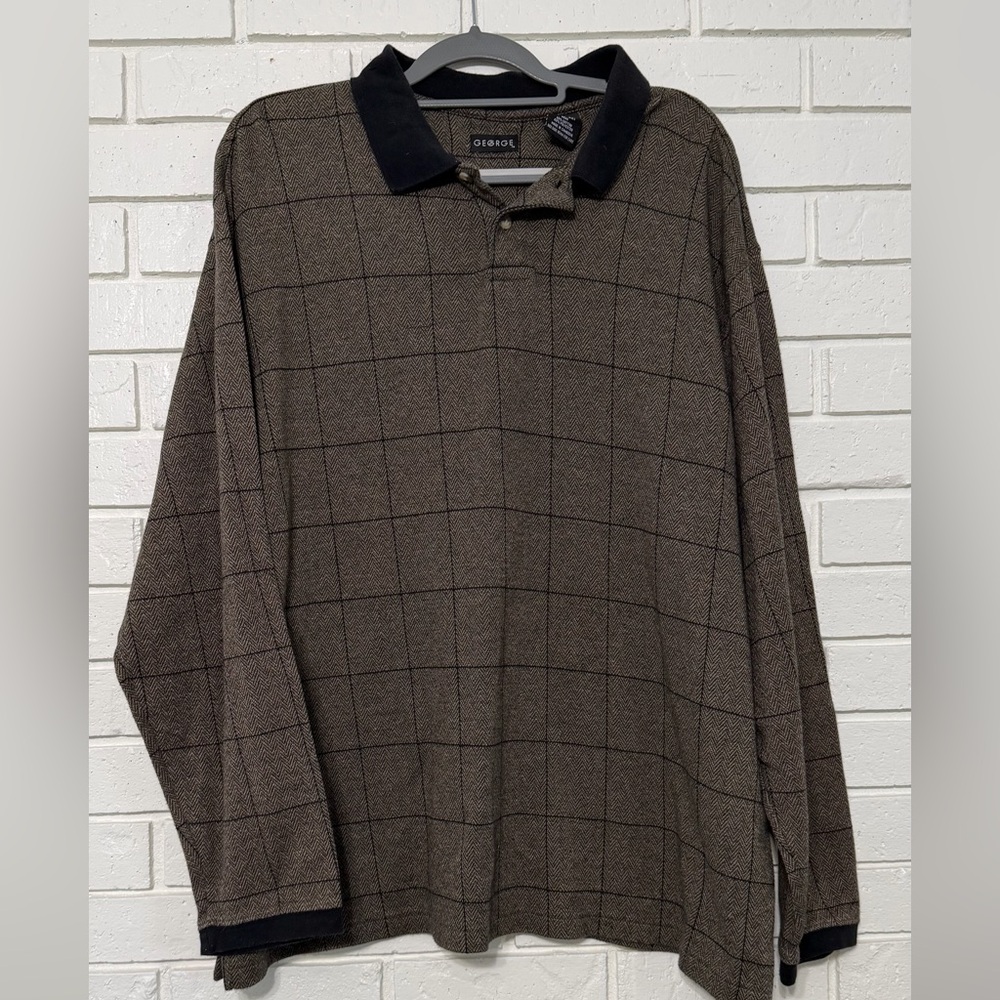 Men’s George long-sleeve polo shirt with a brown and black grid pattern. Size 2X
